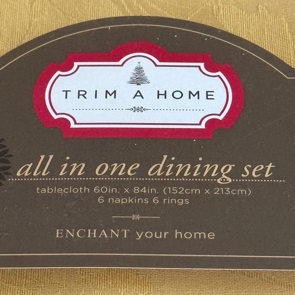 Gold Damask Dining Set Oval Tablecloth 6 Napkins 6 Metal Rings Trim A Home